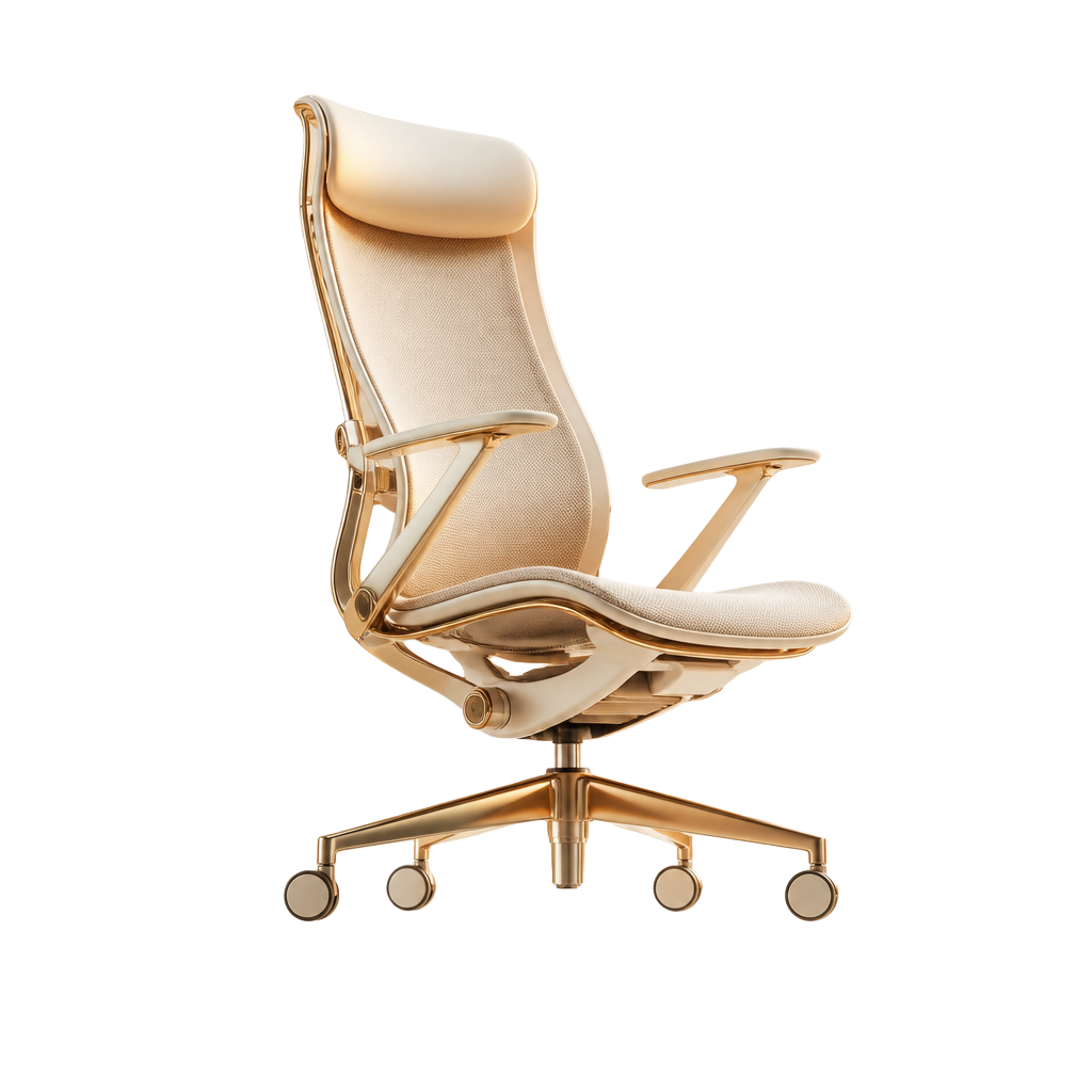 ATLAS AI ergonomic chair, premium cream and gold render